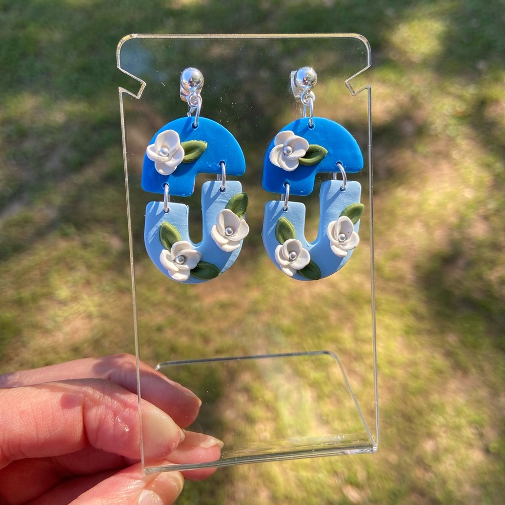 Blue Floral Earrings Polymer Clay New